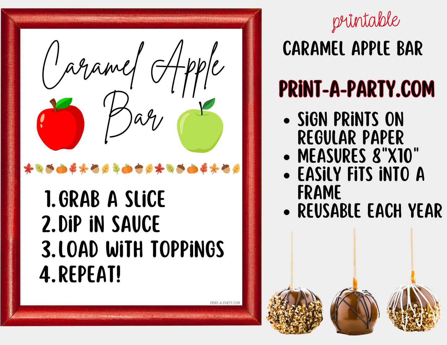 Caramel Apple Bar Printable Sign (8x10) & Topping Tent Cards – Perfect for Fall Parties, Baby Showers, Weddings & More!