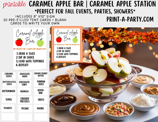 CARAMEL APPLE BAR | CARAMEL APPLE STATION Setup - White | Caramel Apple Bar Sign | Food Station for Party | Food Bar for Party | Fall Party Idea | Fall Shower | DIY Make Your Own Caramel Apples
