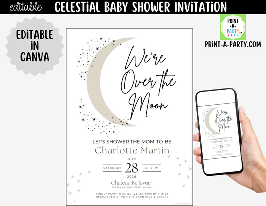 Editable Celestial Baby Shower Invitation – We're Over the Moon