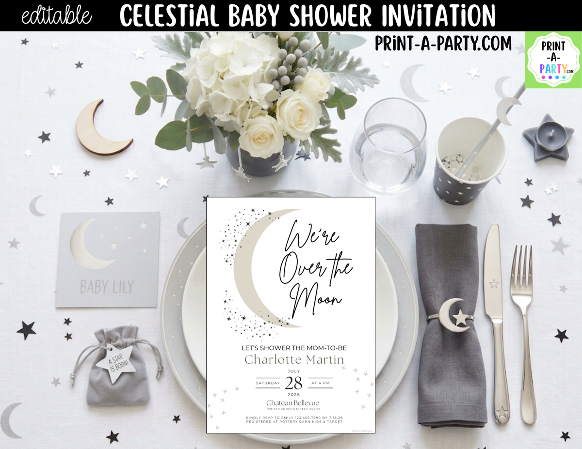 Editable Celestial Baby Shower Invitation – We're Over the Moon