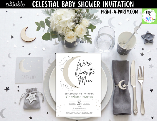 Editable Celestial Baby Shower Invitation – We're Over the Moon