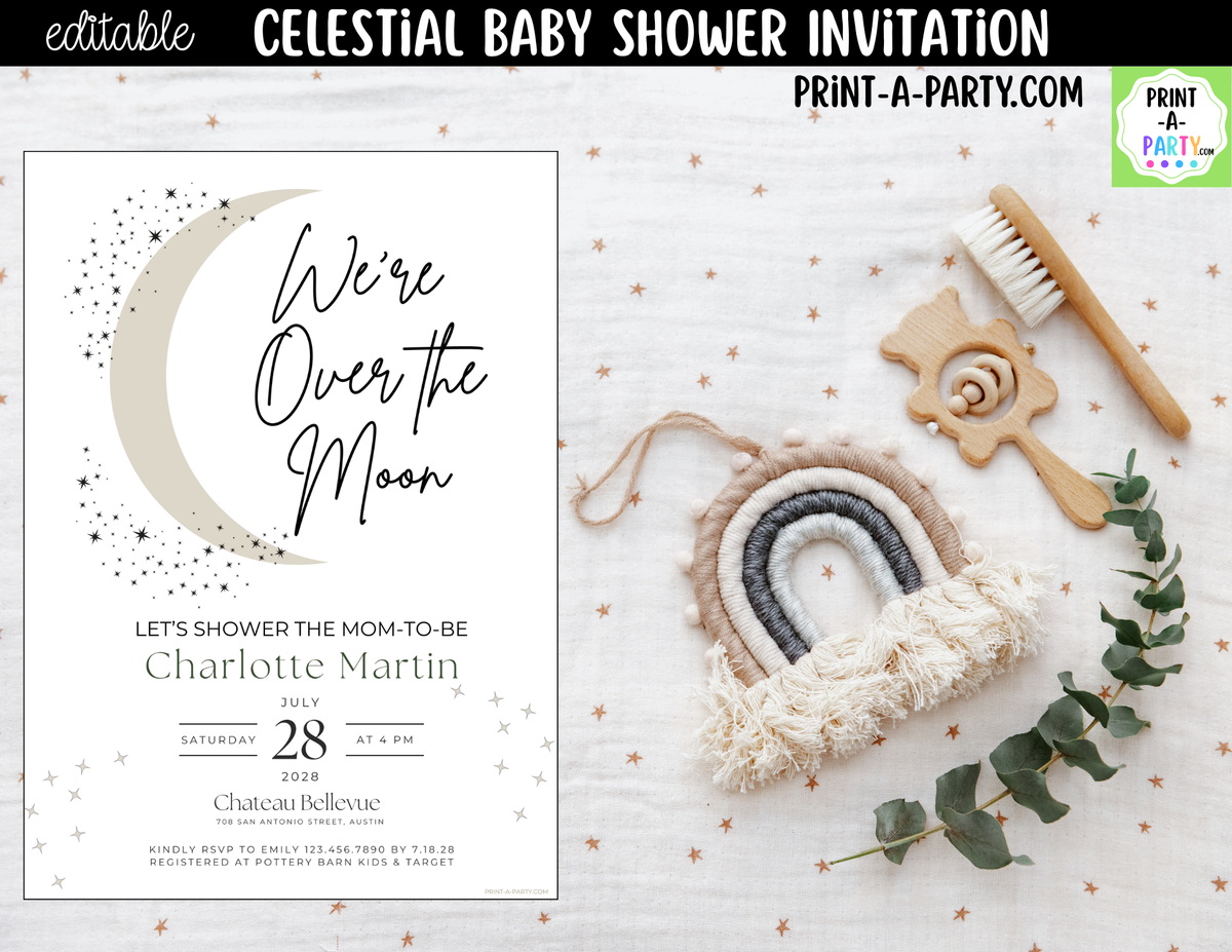 Editable Celestial Baby Shower Invitation – We're Over the Moon
