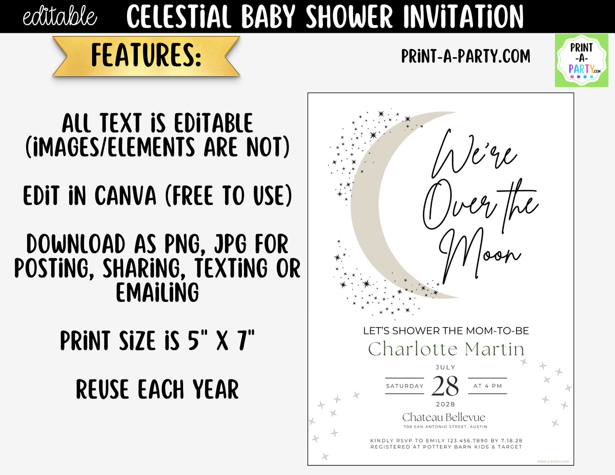 Editable Celestial Baby Shower Invitation – We're Over the Moon