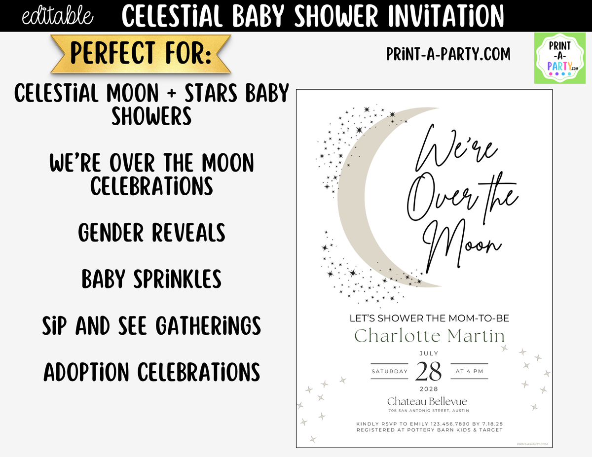 Editable Celestial Baby Shower Invitation – We're Over the Moon