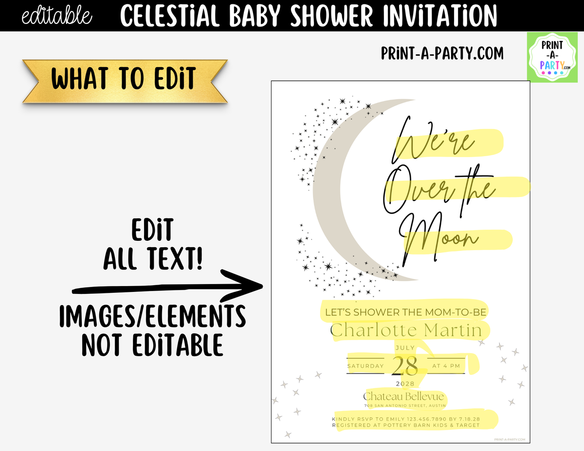 Editable Celestial Baby Shower Invitation – We're Over the Moon