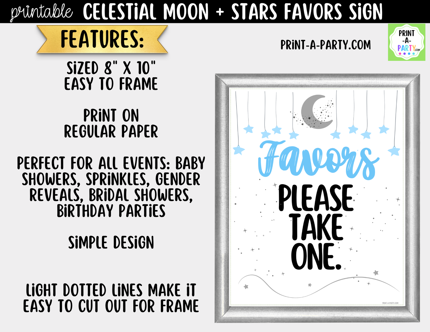 Celestial Moon + Stars Printable Blue Favors Sign (8x10) – For Parties, Showers and Events