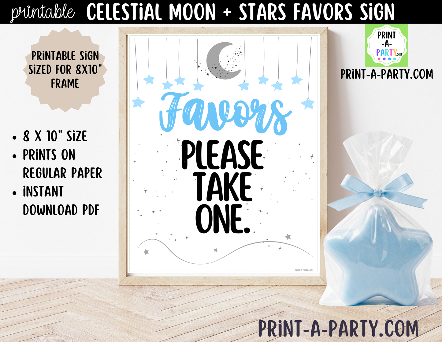 Celestial Moon + Stars Printable Blue Favors Sign (8x10) – For Parties, Showers and Events