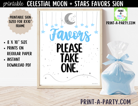 Celestial Moon + Stars Printable Blue Favors Sign (8x10) – For Parties, Showers and Events
