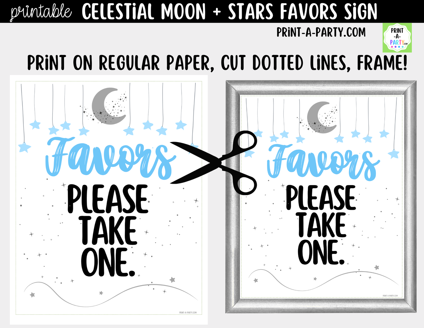 Celestial Moon + Stars Printable Blue Favors Sign (8x10) – For Parties, Showers and Events