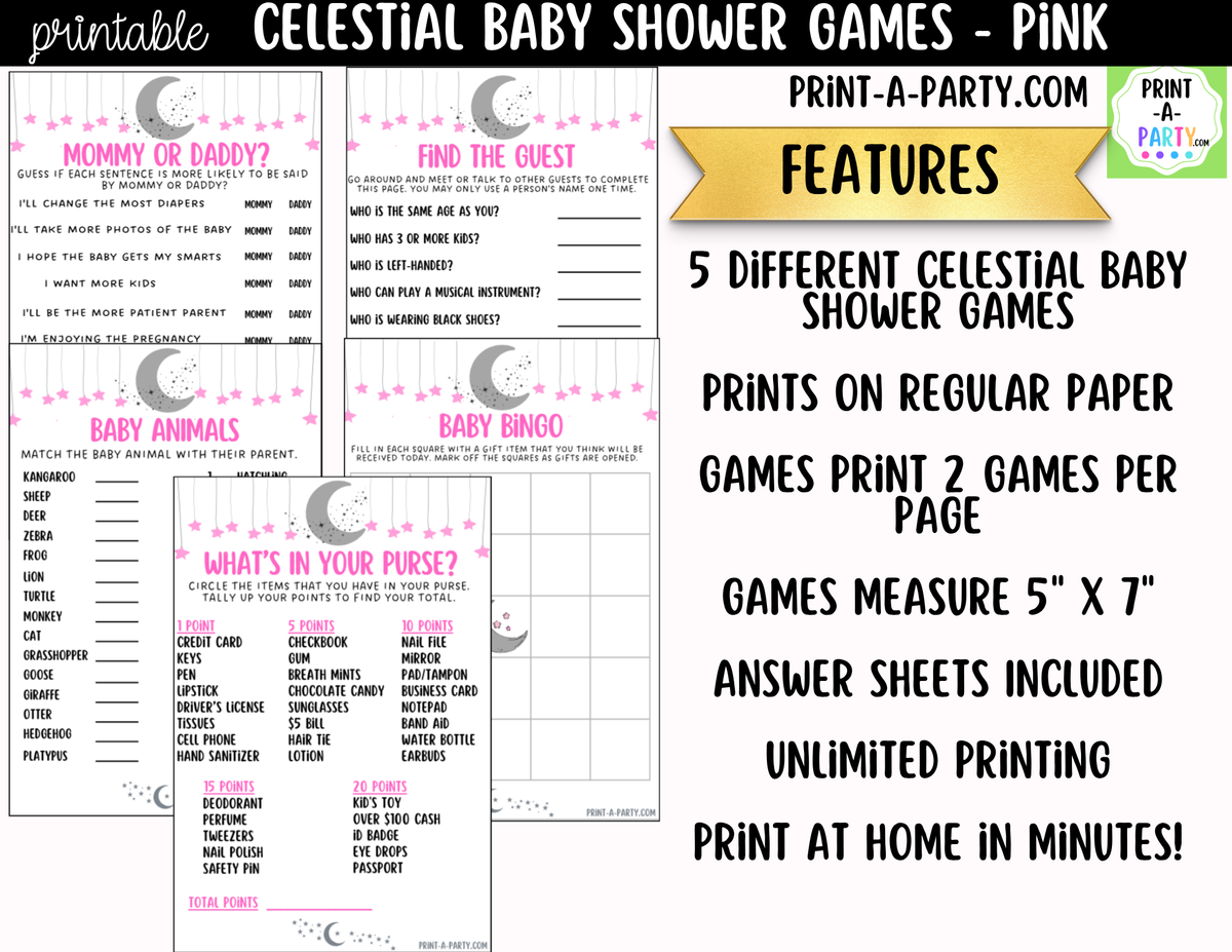Celestial Baby Shower Games Bundle – Moon & Stars