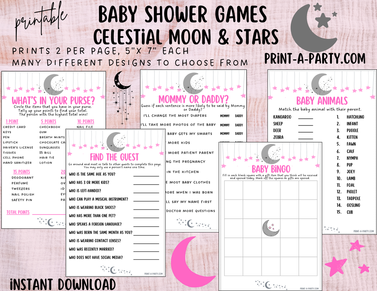 GAMES for Baby Shower | Celestial Moon and Stars Girl Baby Shower Theme | Celestial Moon and Stars Girl Baby Shower Games | Celestial Moon and Stars Shower Activities | INSTANT DOWNLOAD