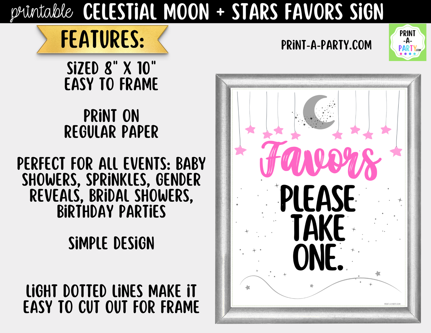 Celestial Moon + Stars Printable Pink Favors Sign (8x10) – For Parties, Showers and Events