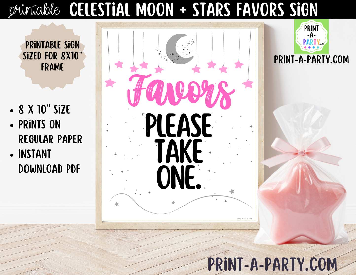 Celestial Moon + Stars Printable Pink Favors Sign (8x10) – For Parties, Showers and Events