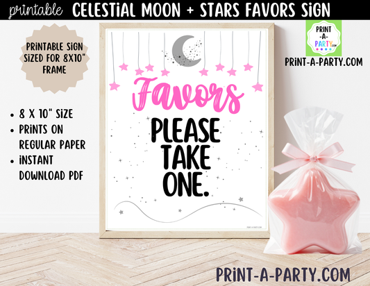 Celestial Moon + Stars Printable Pink Favors Sign (8x10) – For Parties, Showers and Events