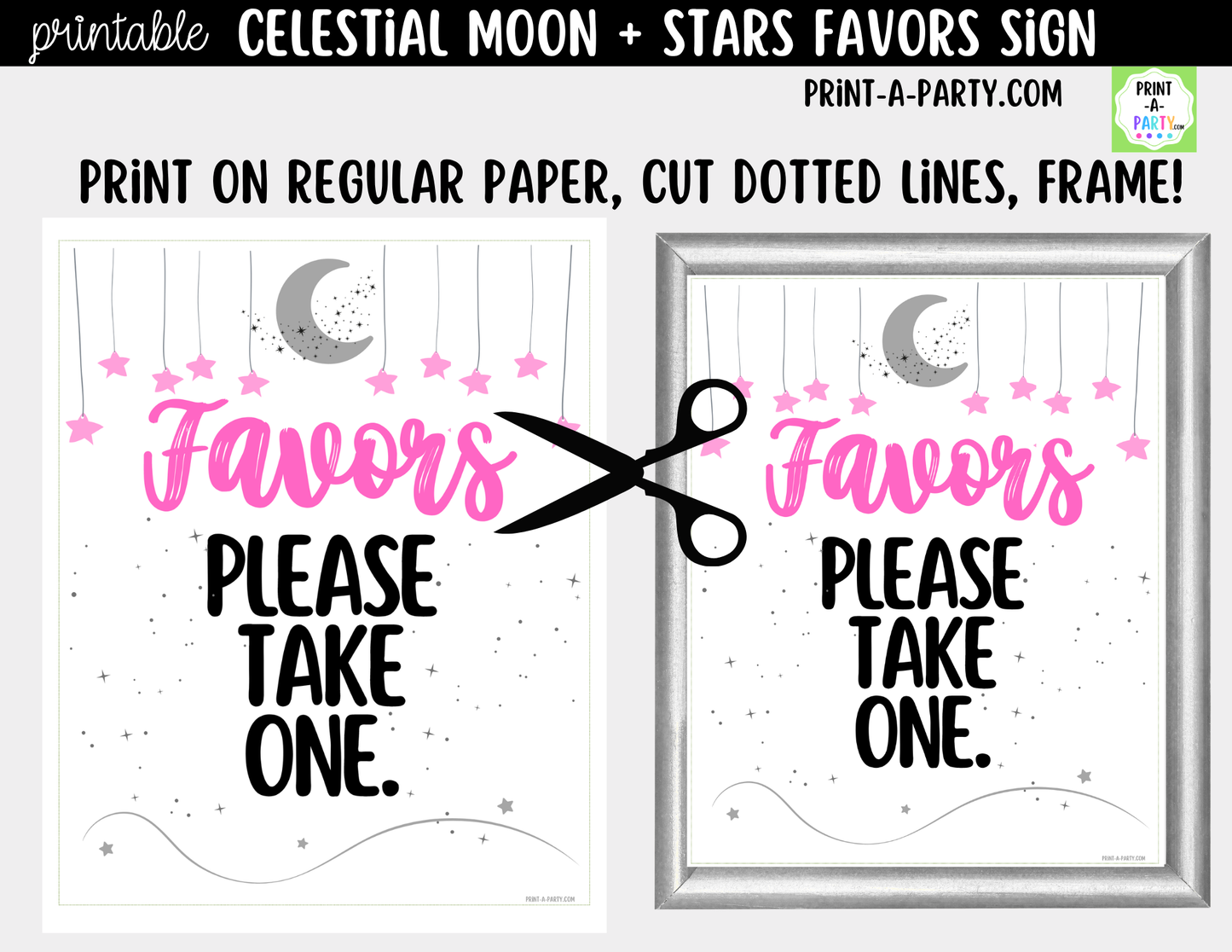 Celestial Moon + Stars Printable Pink Favors Sign (8x10) – For Parties, Showers and Events