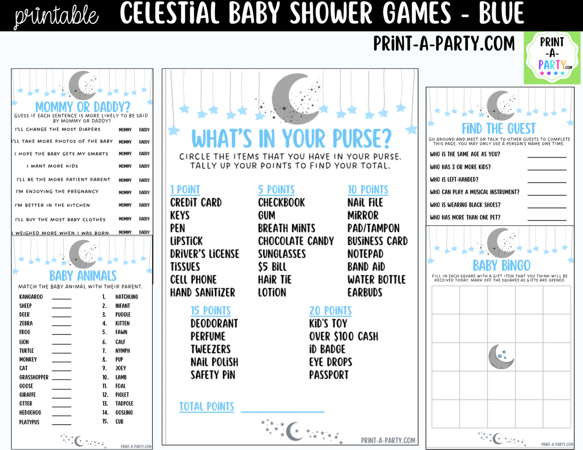 Celestial Baby Shower Games Bundle – Blue Moon & Stars