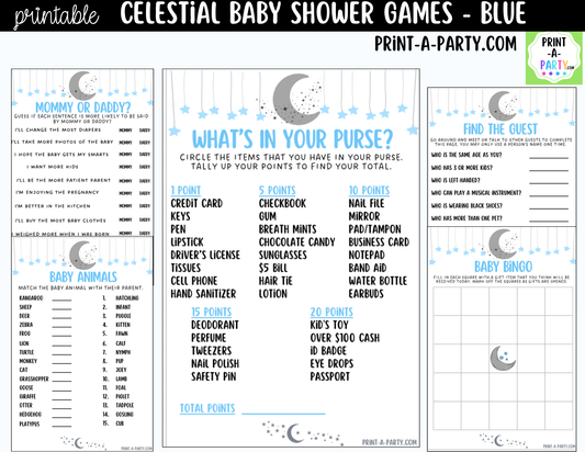 Celestial Baby Shower Games Bundle – Blue Moon & Stars