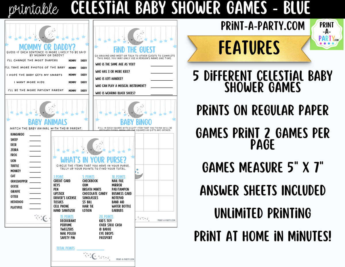 Celestial Baby Shower Games Bundle – Blue Moon & Stars