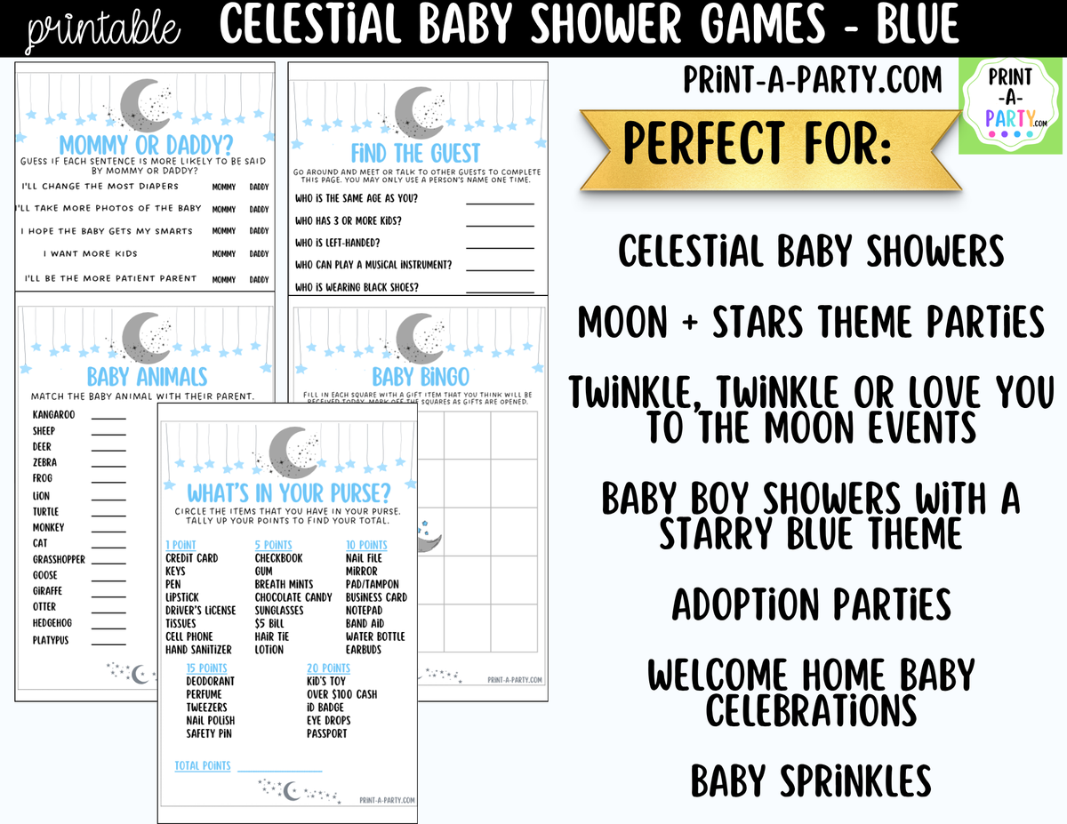 Celestial Baby Shower Games Bundle – Blue Moon & Stars