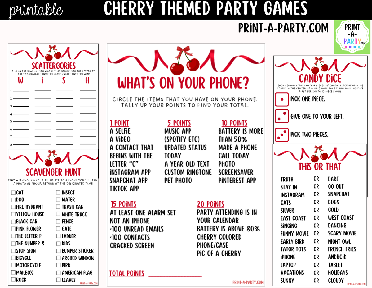 Cherry Party Games Printable | Cherry-themed Party Game Bundle