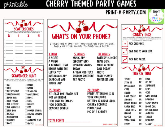Cherry Party Games Printable | Cherry-themed Party Game Bundle