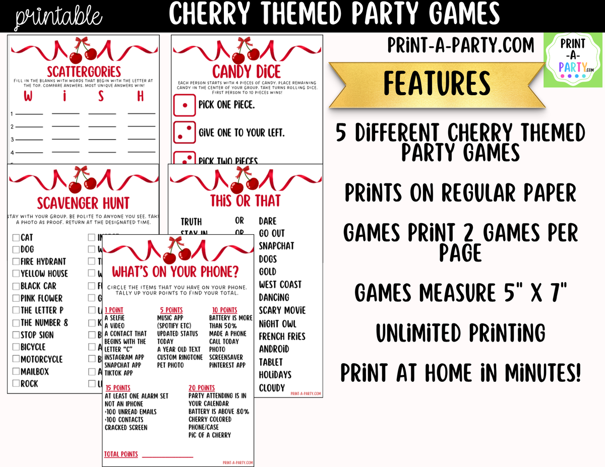 Cherry Party Games Printable | Cherry-themed Party Game Bundle