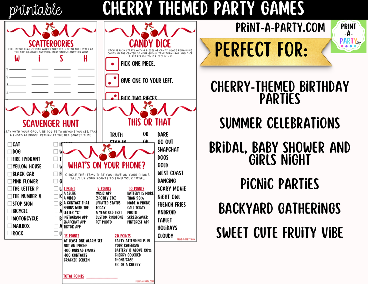 Cherry Party Games Printable | Cherry-themed Party Game Bundle