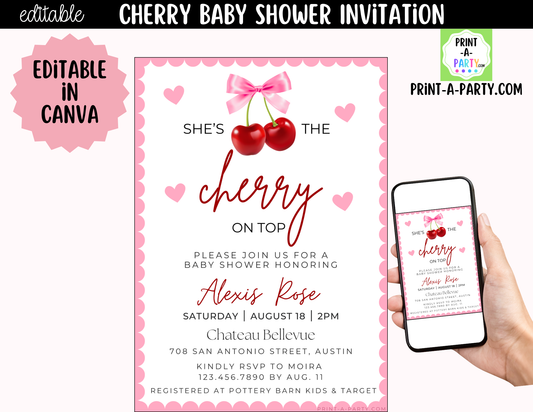 Cherry Baby Shower Invitation – She's the Cherry on Top Canva Template
