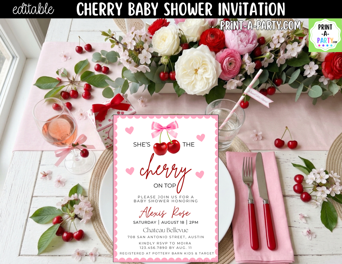 Cherry Baby Shower Invitation – She's the Cherry on Top Canva Template
