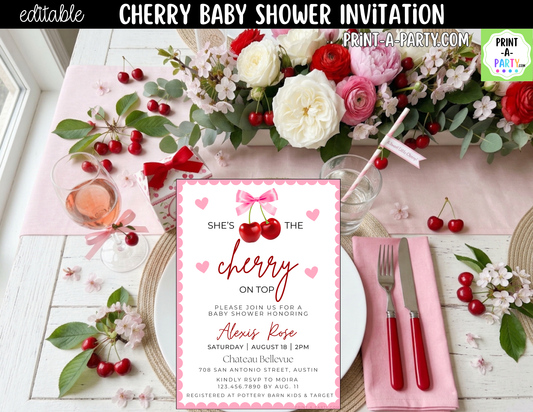 Cherry Baby Shower Invitation – She's the Cherry on Top Canva Template