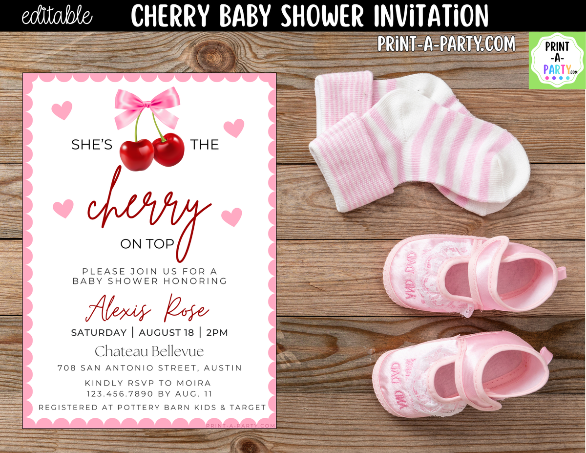 Cherry Baby Shower Invitation – She's the Cherry on Top Canva Template