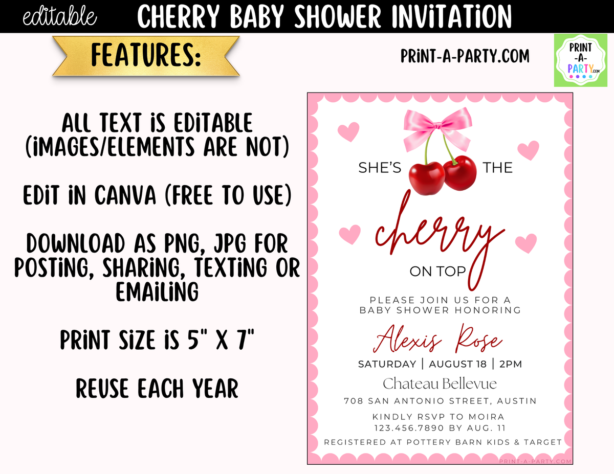 Cherry Baby Shower Invitation – She's the Cherry on Top Canva Template