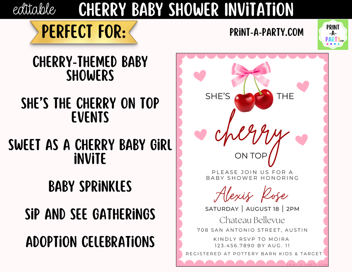 Cherry Baby Shower Invitation – She's the Cherry on Top Canva Template