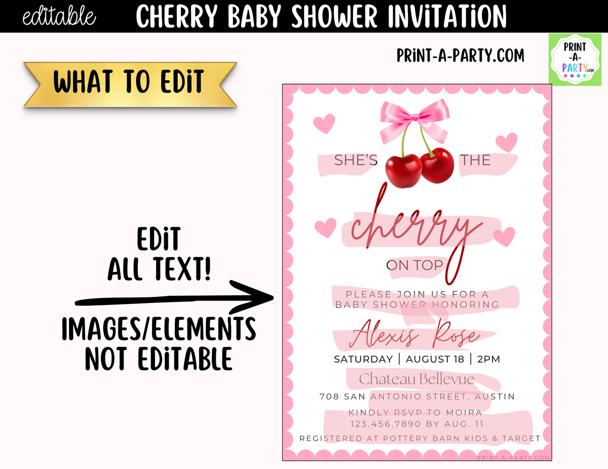 Cherry Baby Shower Invitation – She's the Cherry on Top Canva Template