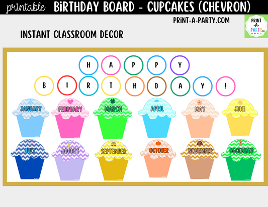 Birthday Bulletin Board Printable Display - Chevron Cupcakes Theme for Classroom Decor