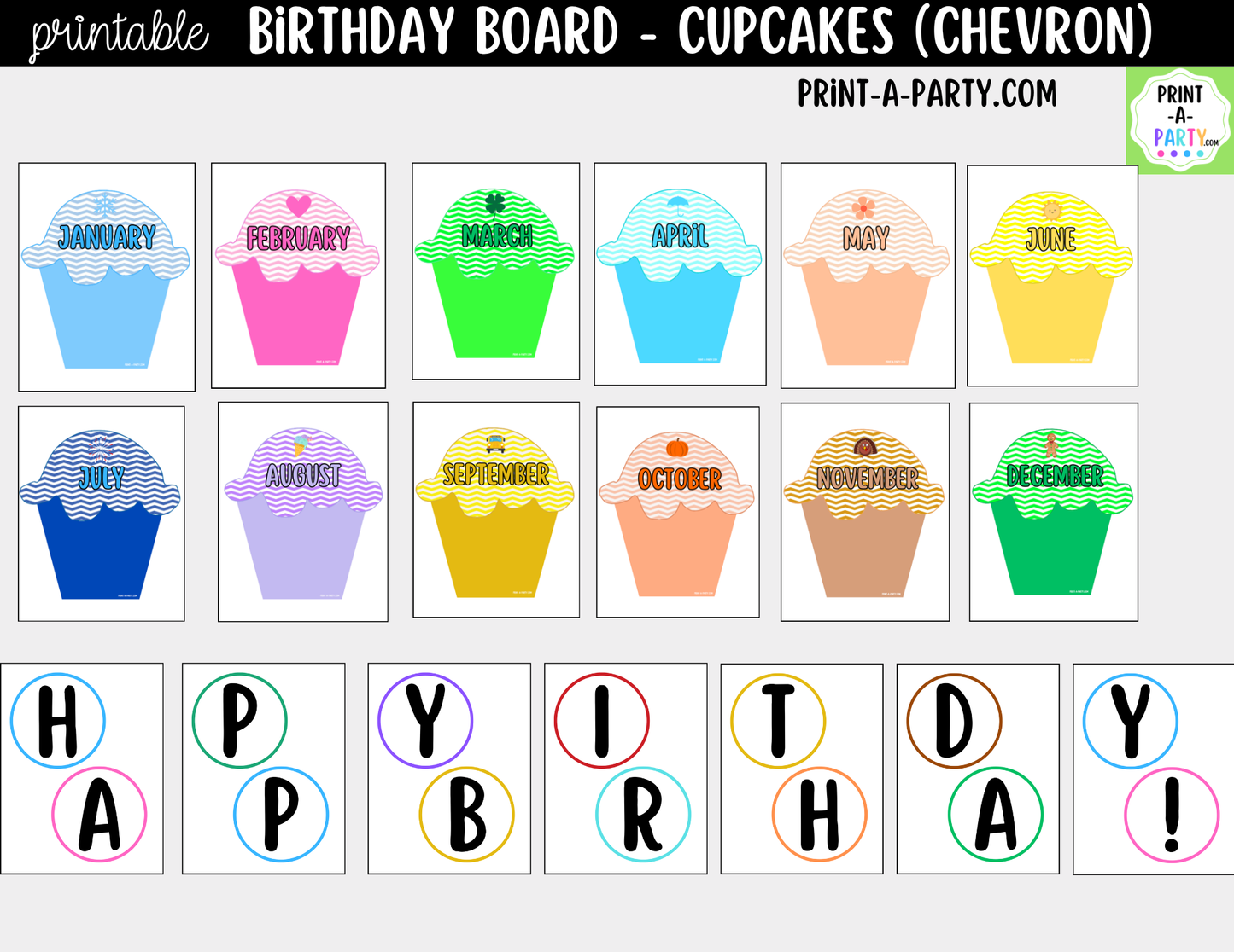 Birthday Bulletin Board Printable Display - Chevron Cupcakes Theme for Classroom Decor