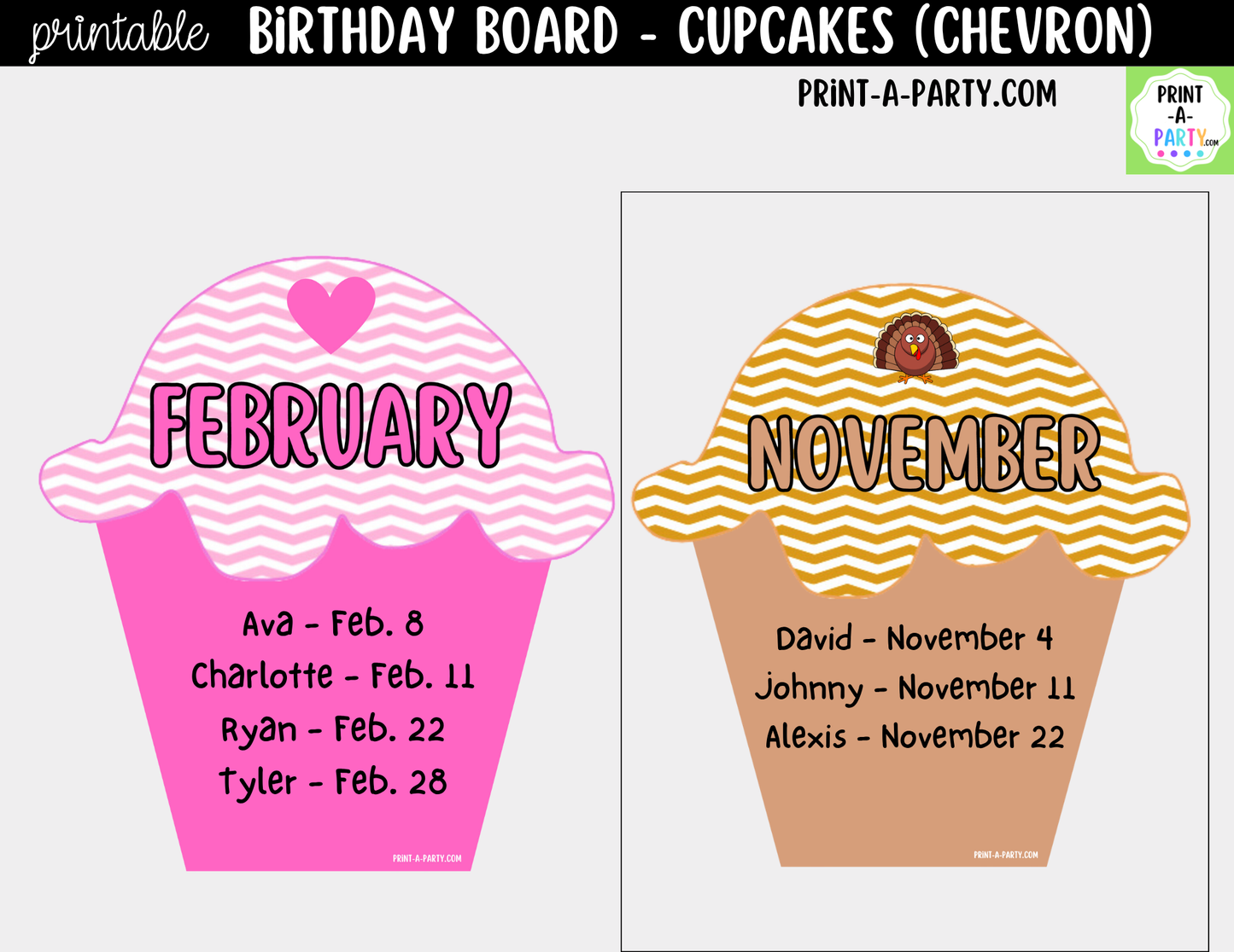 Birthday Bulletin Board Printable Display - Chevron Cupcakes Theme for Classroom Decor
