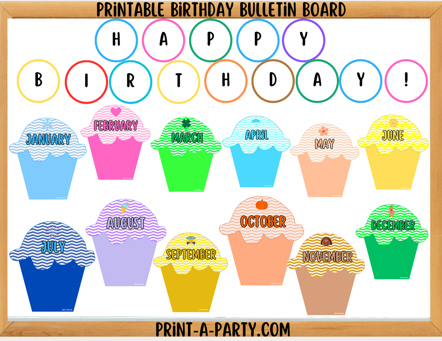 Birthday Bulletin Board Printable Display - Chevron Cupcakes Theme for Classroom Decor