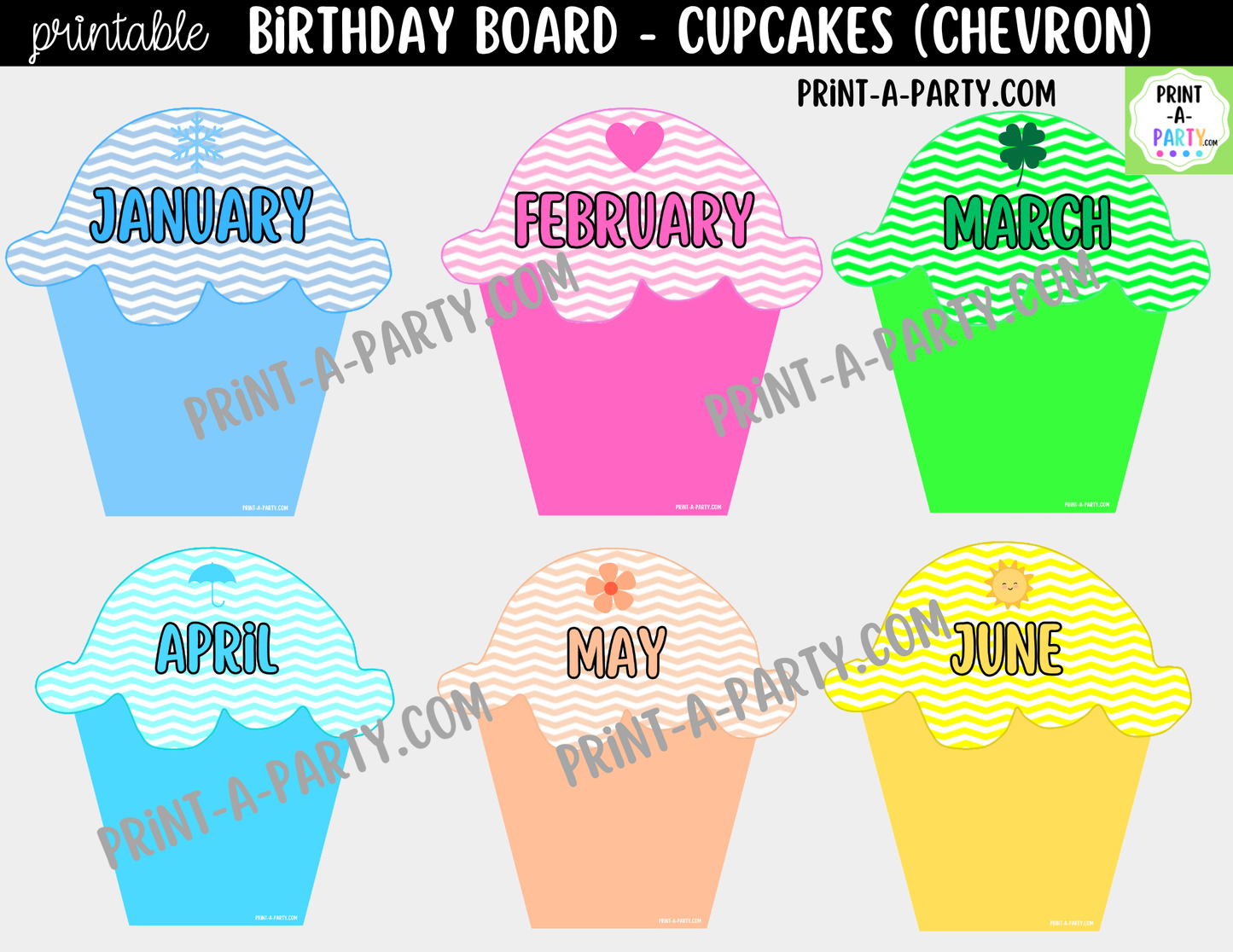 Birthday Bulletin Board Printable Display - Chevron Cupcakes Theme for Classroom Decor