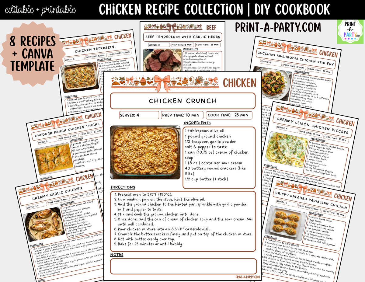 Chicken Dinner Recipe Pages Printable & Editable Cookbook Set