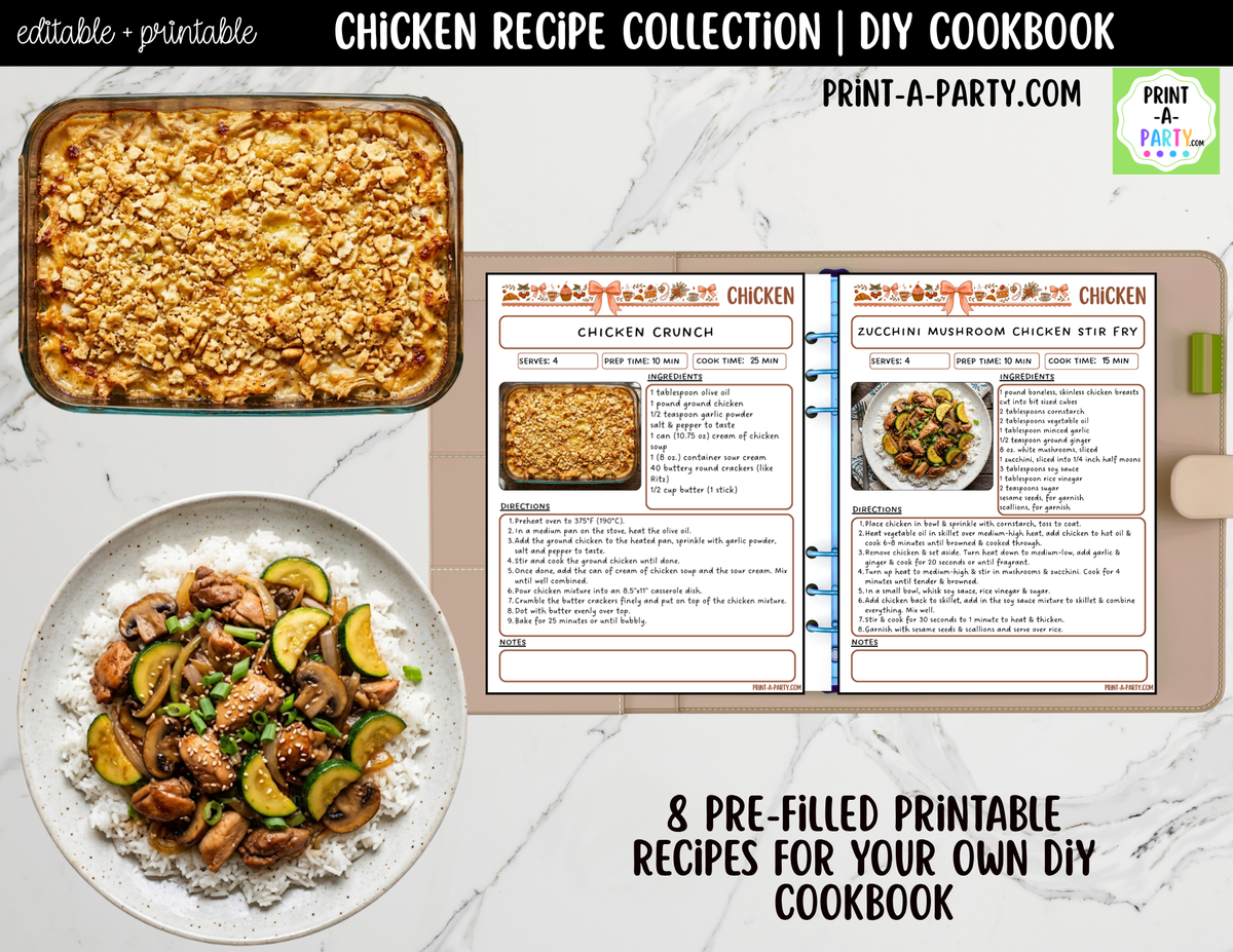Chicken Dinner Recipe Pages Printable & Editable Cookbook Set