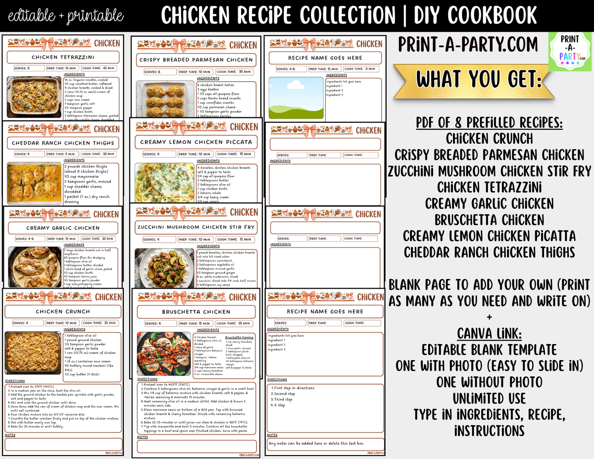 Chicken Dinner Recipe Pages Printable & Editable Cookbook Set