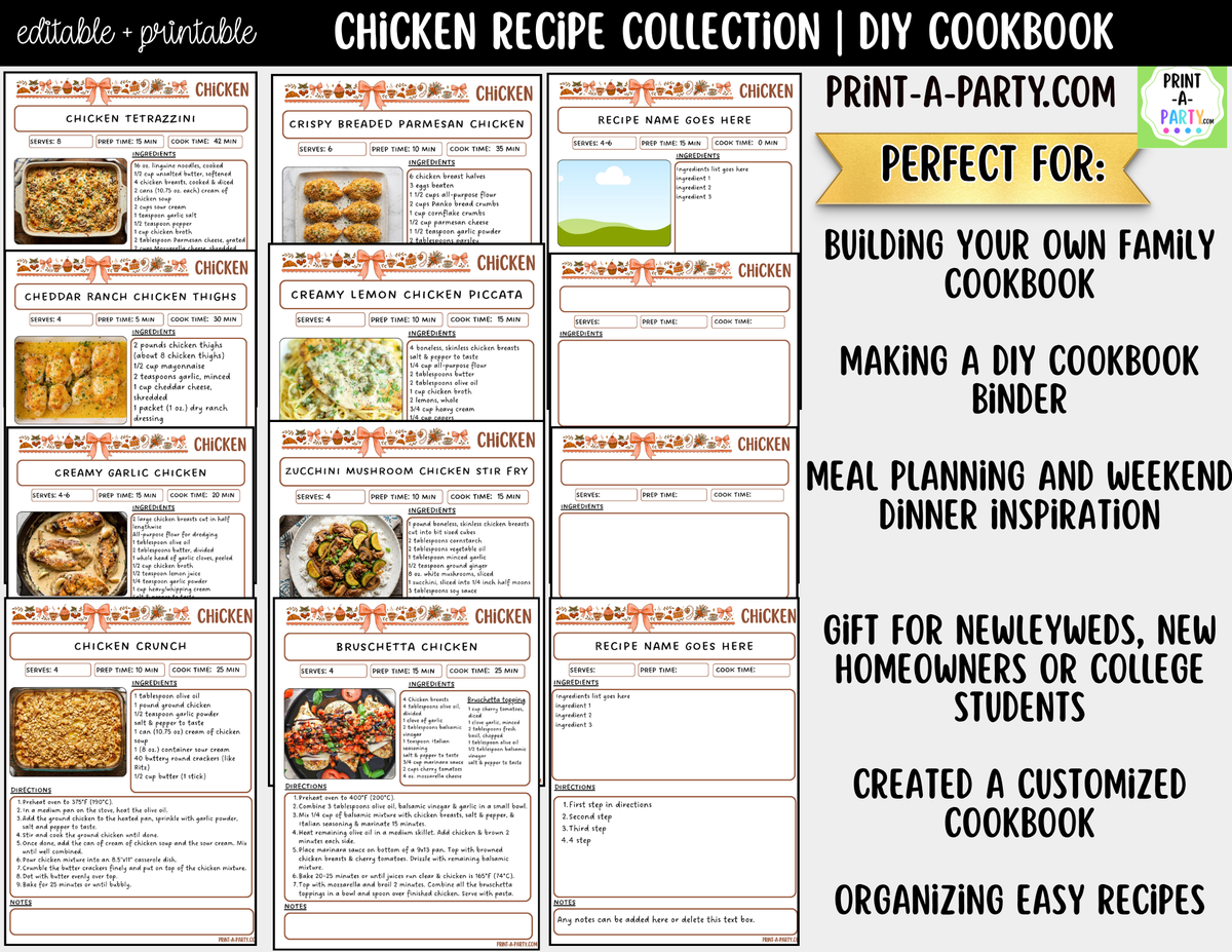 Chicken Dinner Recipe Pages Printable & Editable Cookbook Set