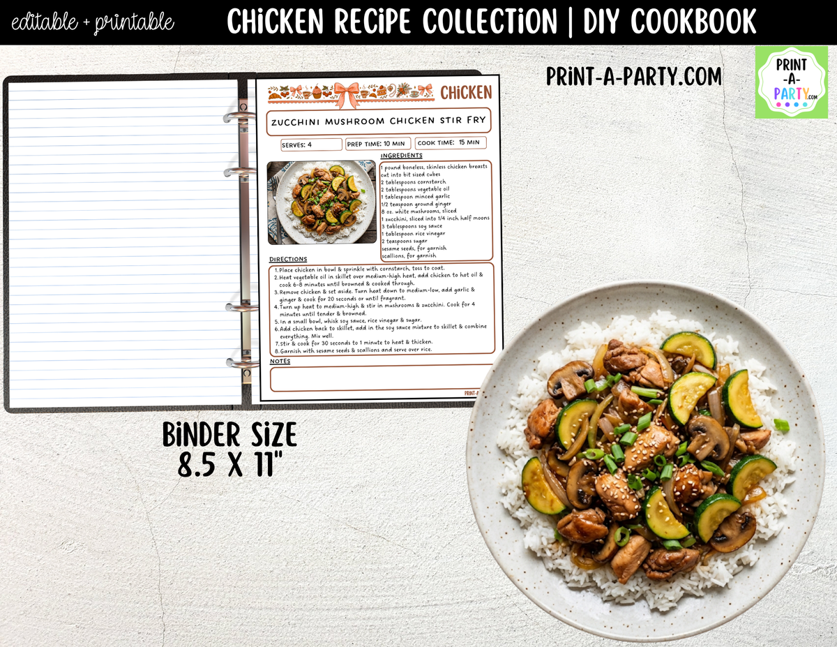 Chicken Dinner Recipe Pages Printable & Editable Cookbook Set