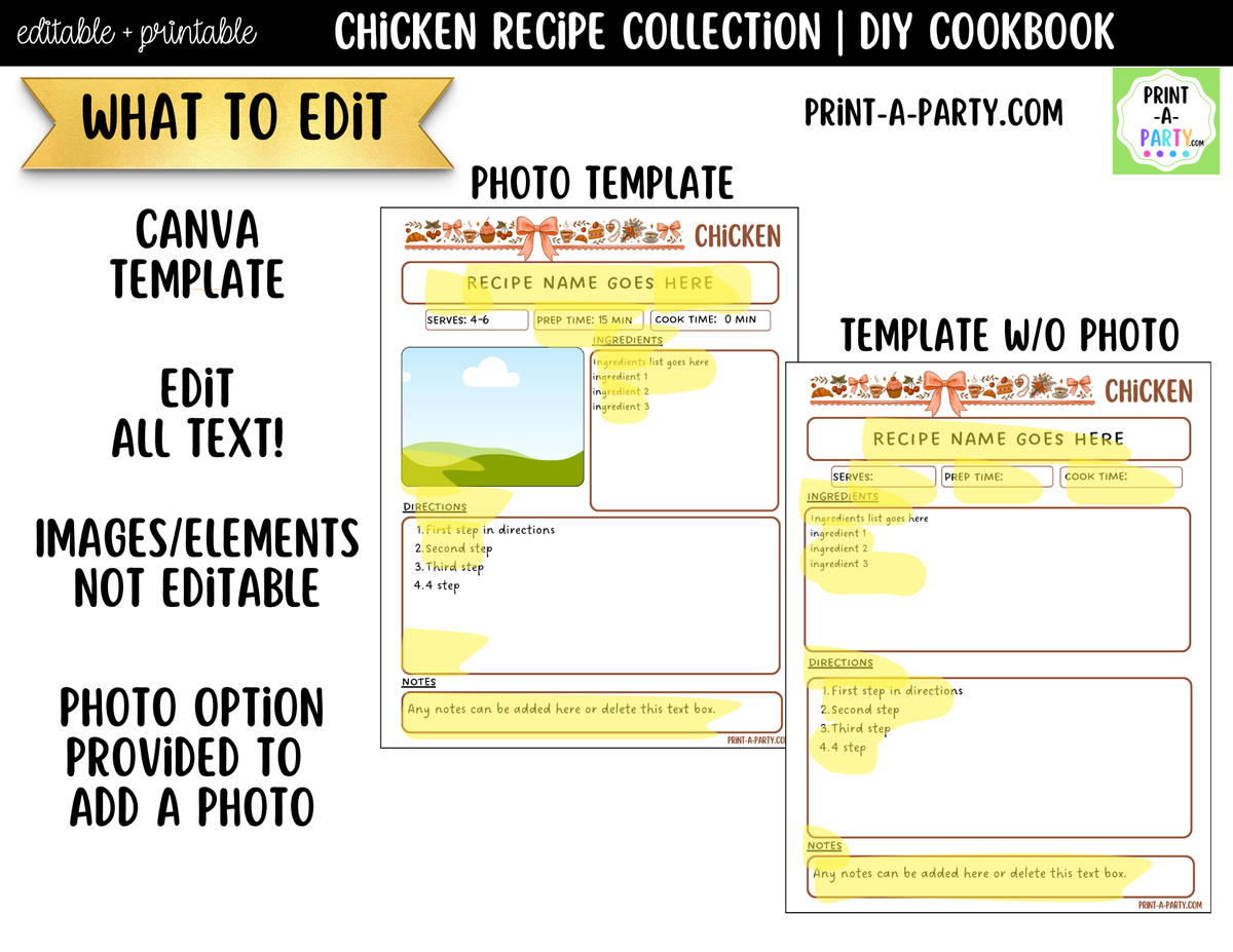Chicken Dinner Recipe Pages Printable & Editable Cookbook Set