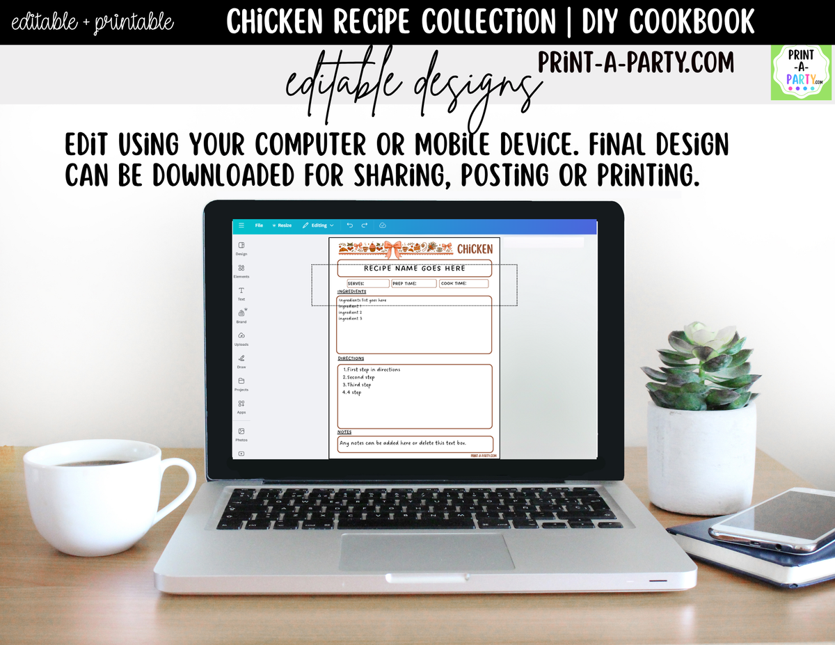 Chicken Dinner Recipe Pages Printable & Editable Cookbook Set