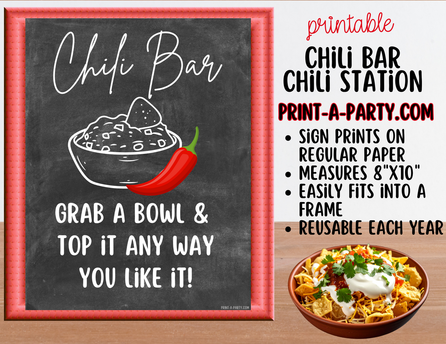 CHILI BAR | Printable Sign and Toppings Tent Cards – Perfect for Fall Winter Parties Showers Game Day