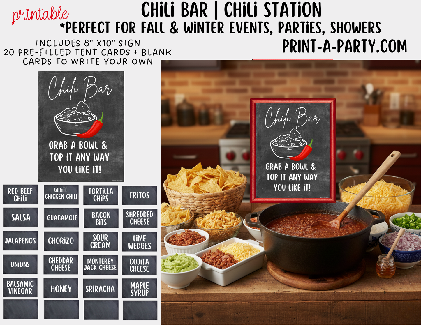 CHILI BAR | Printable Sign and Toppings Tent Cards – Perfect for Fall Winter Parties Showers Game Day