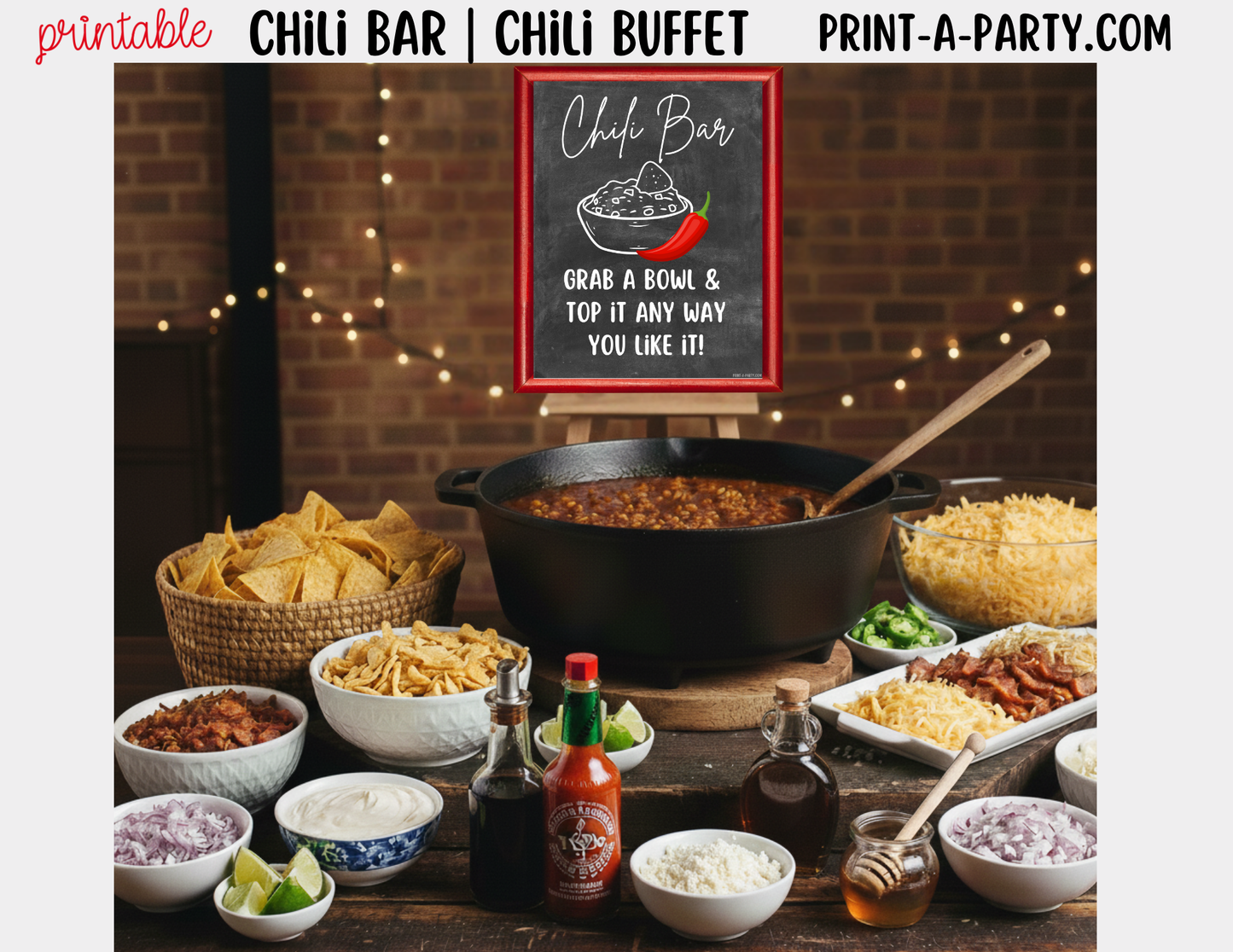 CHILI BAR | Printable Sign and Toppings Tent Cards – Perfect for Fall Winter Parties Showers Game Day