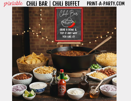 CHILI BAR | Printable Sign and Toppings Tent Cards – Perfect for Fall Winter Parties Showers Game Day